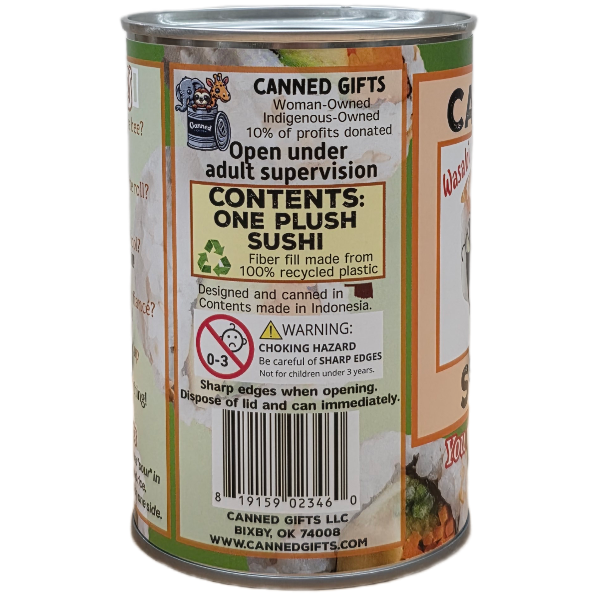 Canned Gifts - Wholesale Stuffed/Plush Toy - Kids & Baby - Wasabi the Canned Sushi - Eco-Friendly Plush in Can w/Jokes3