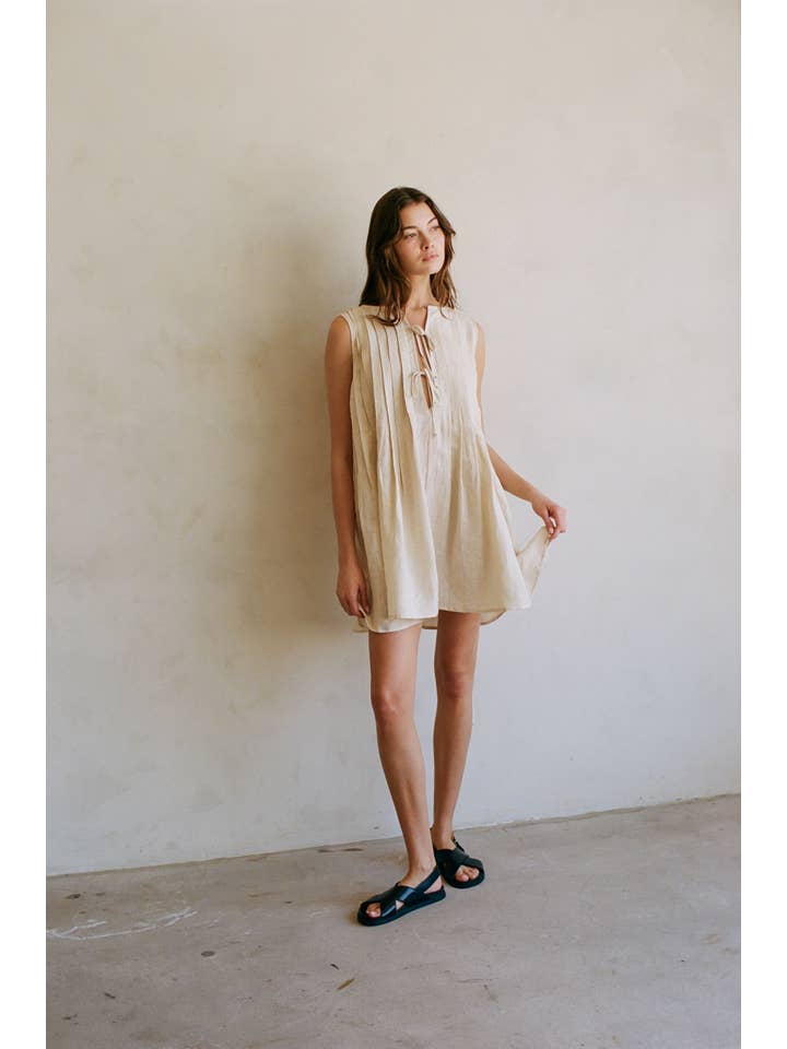 Beige AR1175 | Woven Linen Pleated Sleeveless Flare Mini Dress for wholesale on Faire