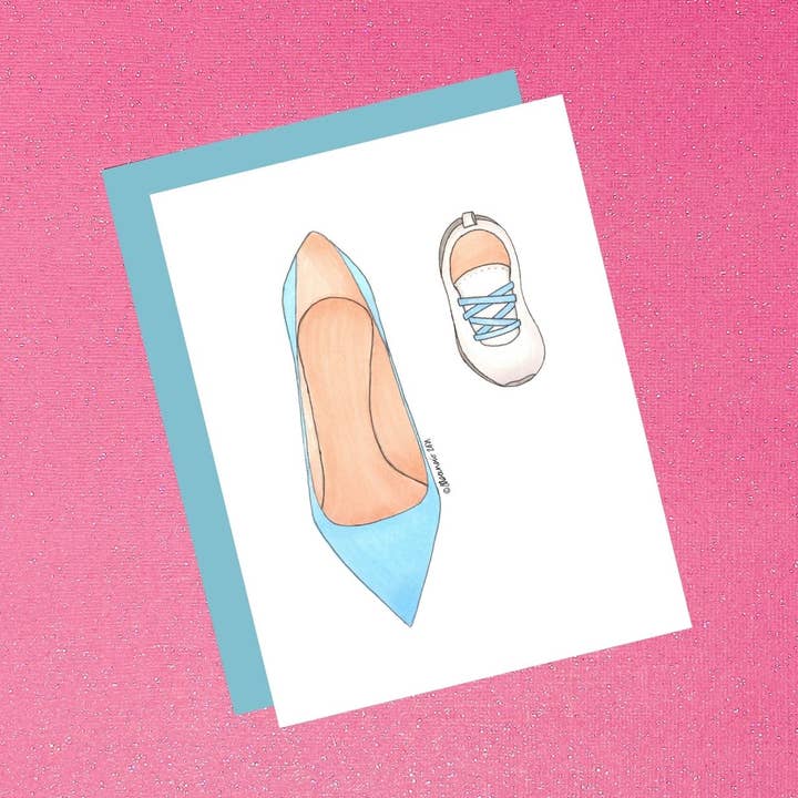 Tarjeta de moda de zapatos de tacón alto y bebé de Mommy And Me, color azul para venta al por mayor de Tiffany Ascensio Designs | Watercolor Greeting Cards
