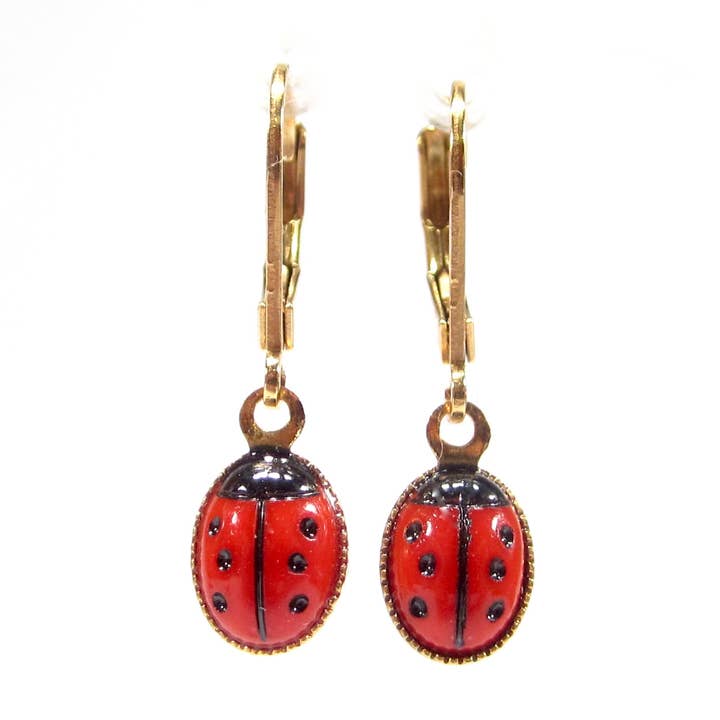 Vintage Ladybug Drop Earrings Red Gold 1960s for wholesale by SoHo Schmuckmanufaktur