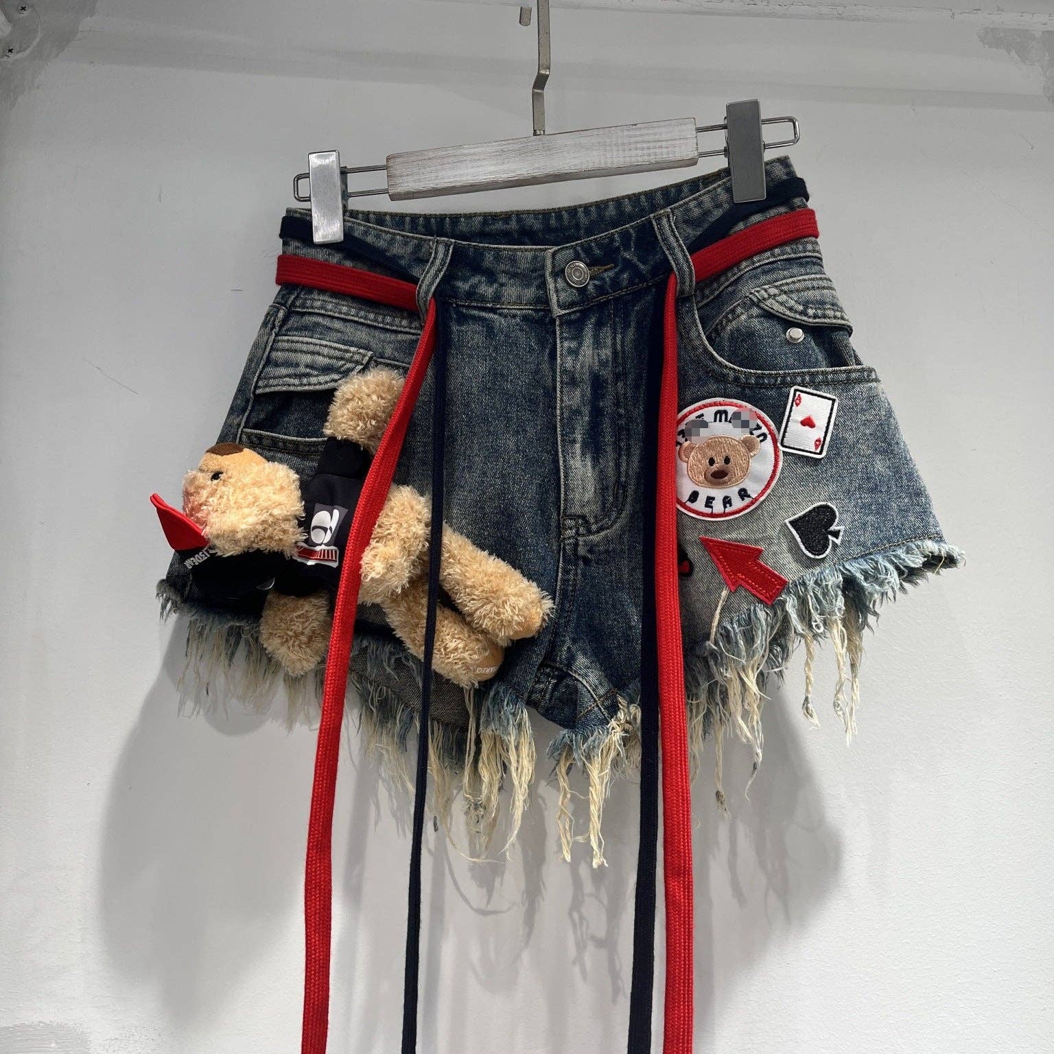 Sanyao Fashion - Wholesale Shorts - Women's - M127 Playful Patchwork High Waist Raw Hem Denim Shorts0