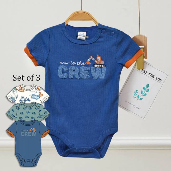 Pack of 3 100% Cotton Excavator Chenille Embroidery Bodysuit for wholesale by Lollipop Dreams