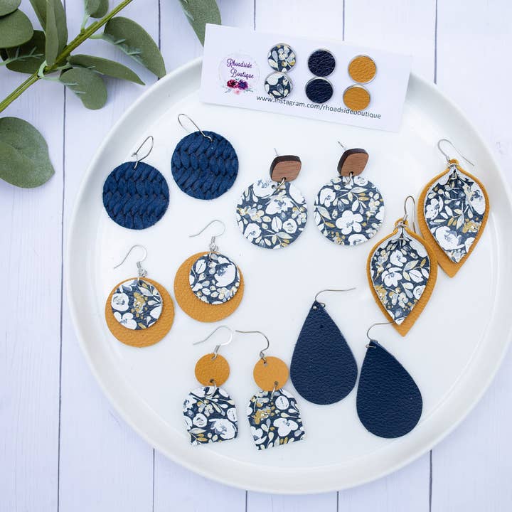 Navy Floral & Mustard Yellow Leather Earring Set for wholesale by Rhoadside Boutique