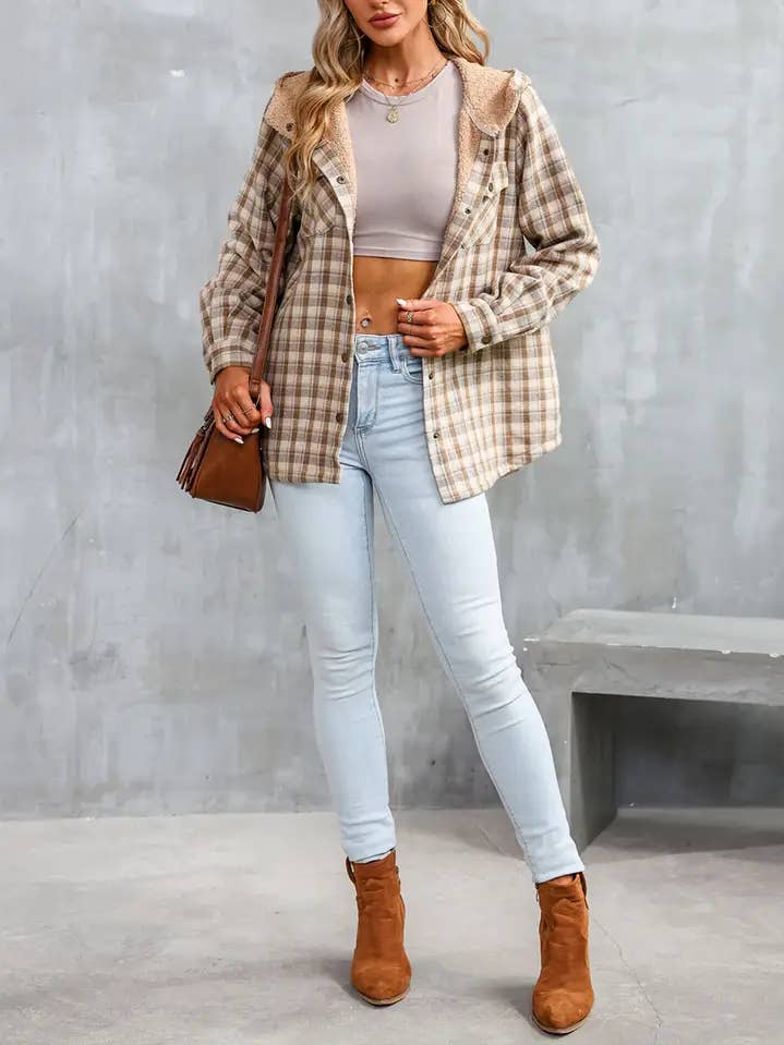 Plaid Jacket Long Sleeve Button Down Fleece Hooded Coat for wholesale by Lovesoft