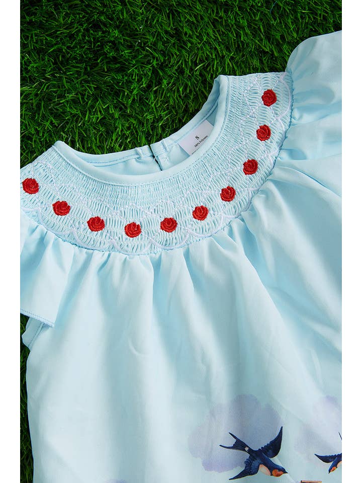 Kids Charm Online - Wholesale Jumpsuit - Baby - BABY BLUE SMOCKED BABY ROMPER W/FARM PRINT. RPG251523020-AMY