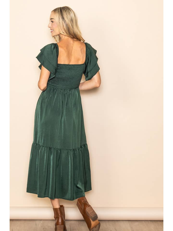 Elloh Collection - Wholesale Dress - Women's - Flowy On Off Shoulder Flutter Sleeve Smocked Satin Dress1