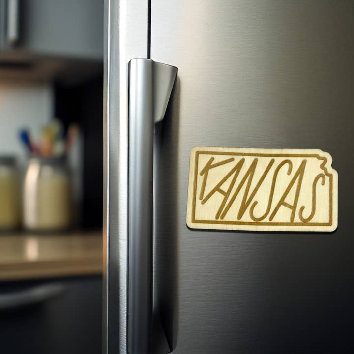 Kansas Word Art Engraved Wood Magnet for wholesale by The Trendy Traveler
