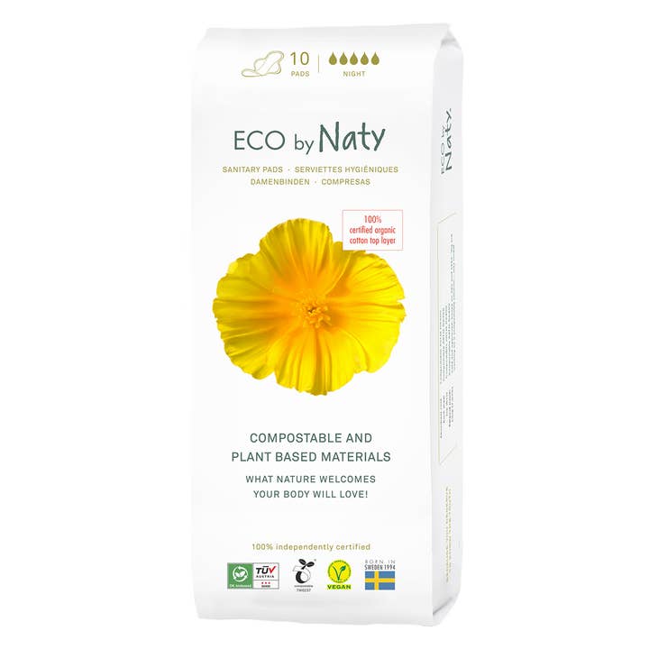 Sanitary Pads Night, Compostable, 10 Pcs for wholesale by Eco by Naty