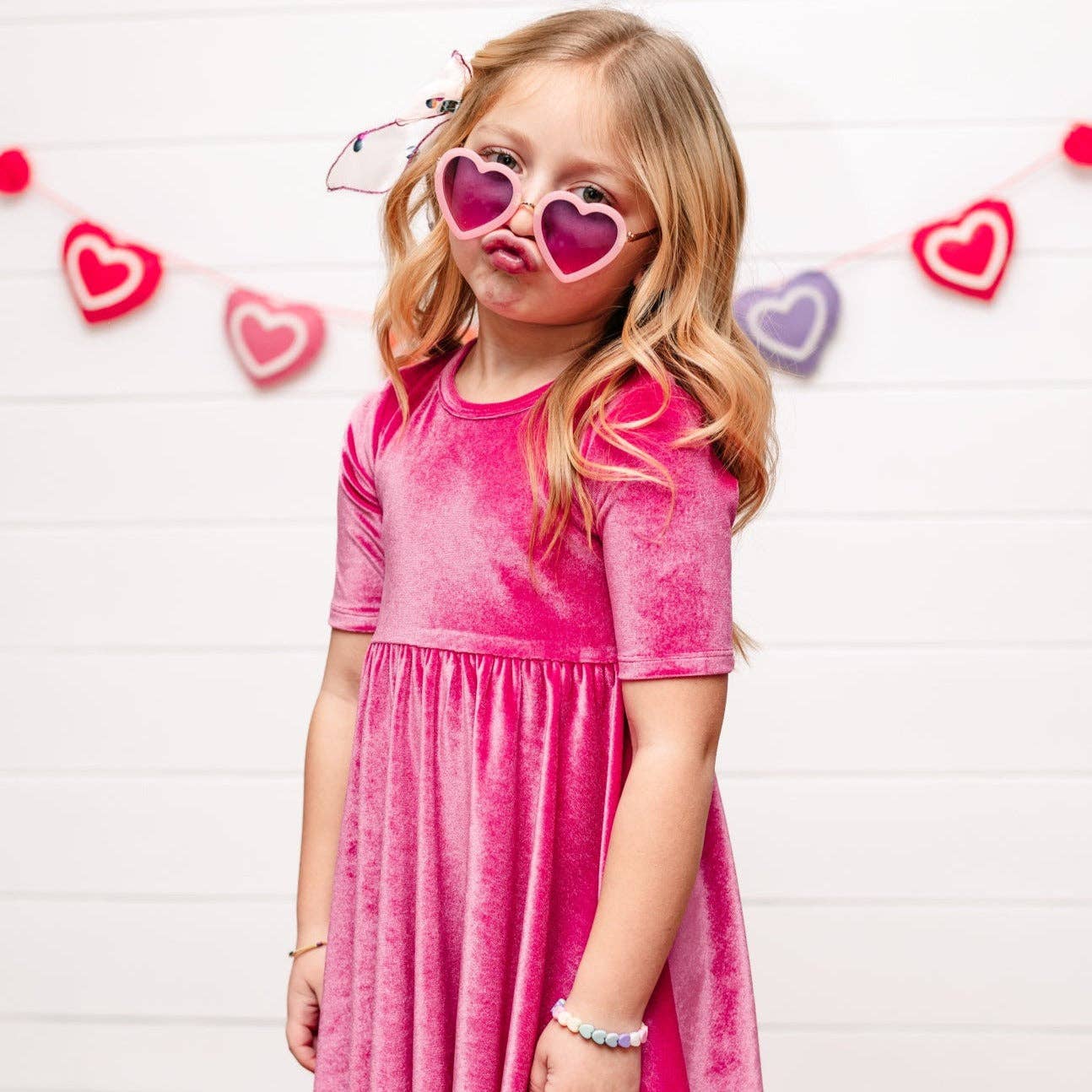 millie + roo LLC - Wholesale Dress - Kids - VELVET MID SLEEVE TWIRL- Pink Opal (Hot Pink) Stretch Velvet Twirl Dress2