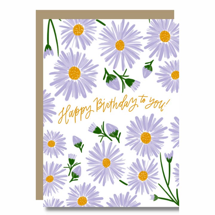Daisy Birthday Card with Lavender Daisies for wholesale by Prairie Letter Shop