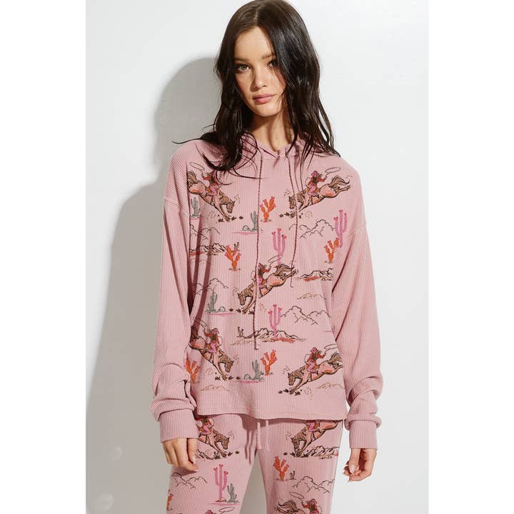 Phil Love - Wholesale Lounge Set - Women's - Desert Cowgirl Print Rib Hoodie Loungewear Set