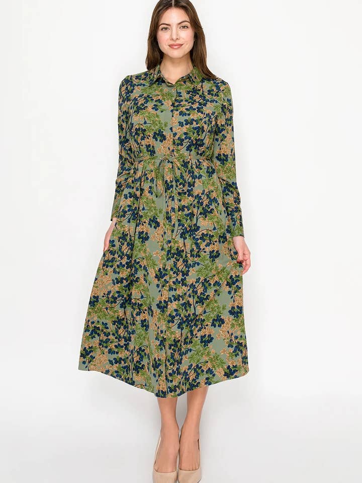 Robe midi fleurie olive pour la vente par Yal New York