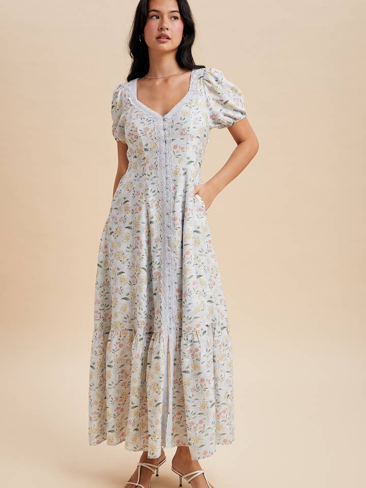 VESTIDO MAXI ABOTONADO CON ENCAJE para venta al por mayor de In Loom