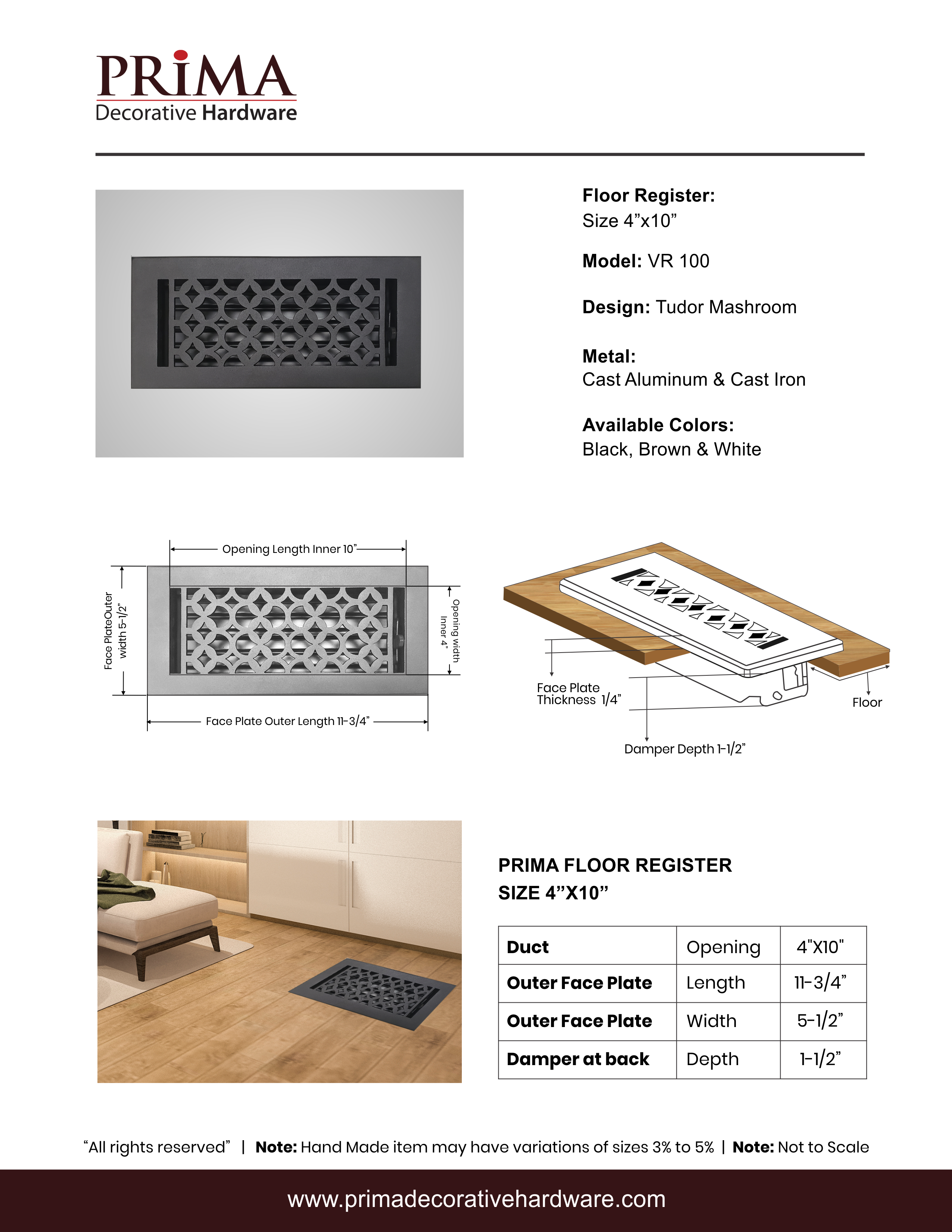PRIMA DECORATIVE HARDWARE INC - Venta al por mayor Material de climatización - Registro de piso de hierro fundido 4 «x10" VR-10011