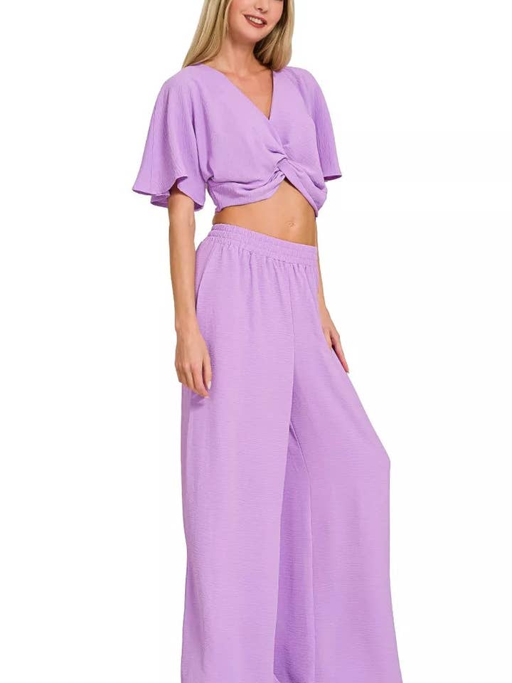 Zenana Woven Airflow Twisted Top & Wide Leg Pants Set for wholesale by Lecatta Fashion