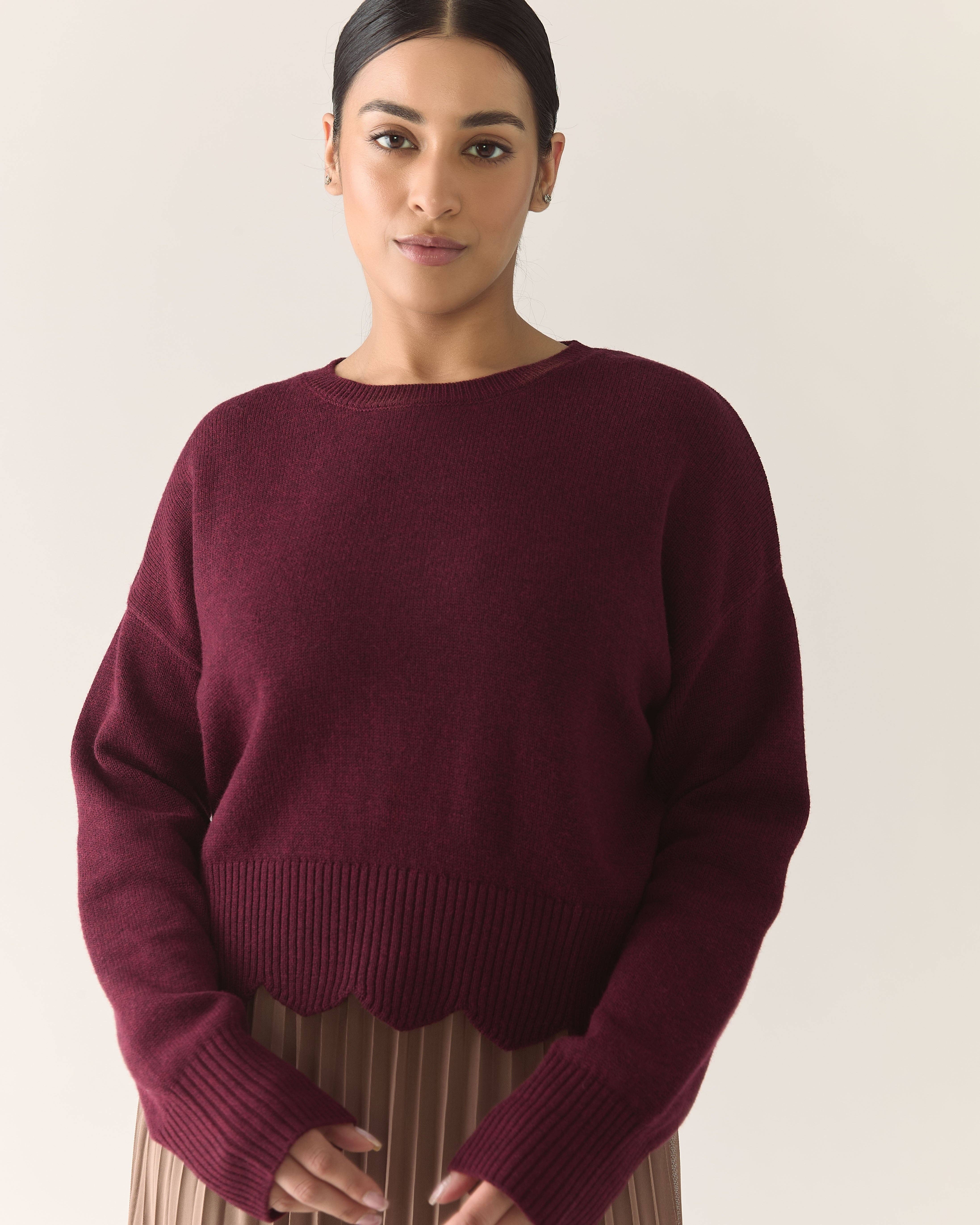 Rachel - Wholesale Knit Sweater - Women's - Scalloped Edge Pullover Responsible Merino in Zinfandel1