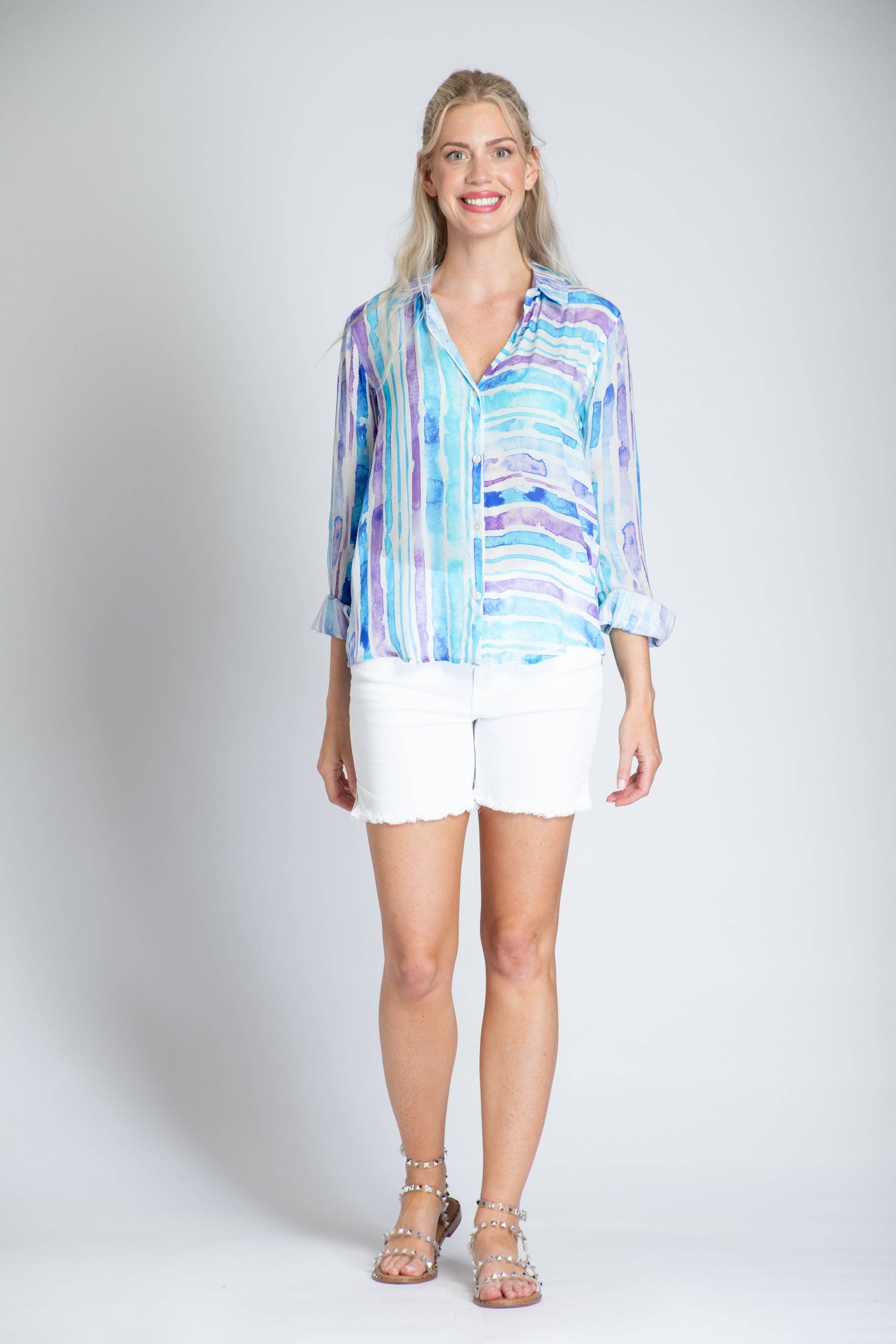 No Color Watercolor  Stripe Print - Button-up With Roll-up Sleeve for wholesale on Faire4