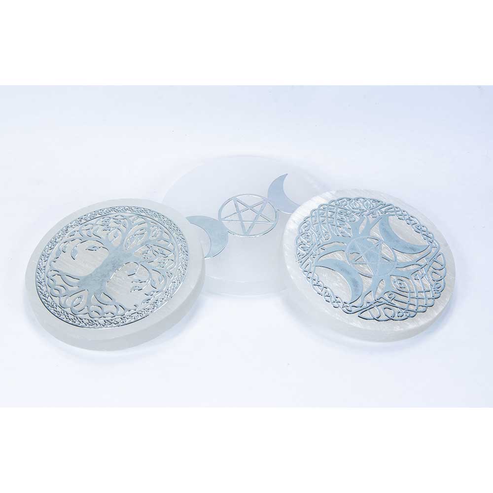 Kheops International - Wholesale Crystal Charging Plate - Selenite Spar Charging Disk Silver Tree & Moon (Pack of 3)2