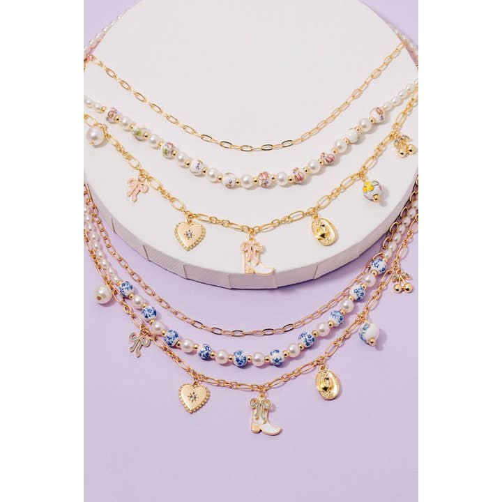 The Looks by Fame Accessories - Wholesale Pendant/Charm Necklace - Western Heart Charms Floral Ceramic Beaded Necklace