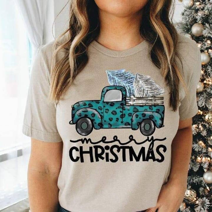 Camión Merry Christmas, color verde azulado, a todo color (adulto) para venta al por mayor de Heat Transfer Hub