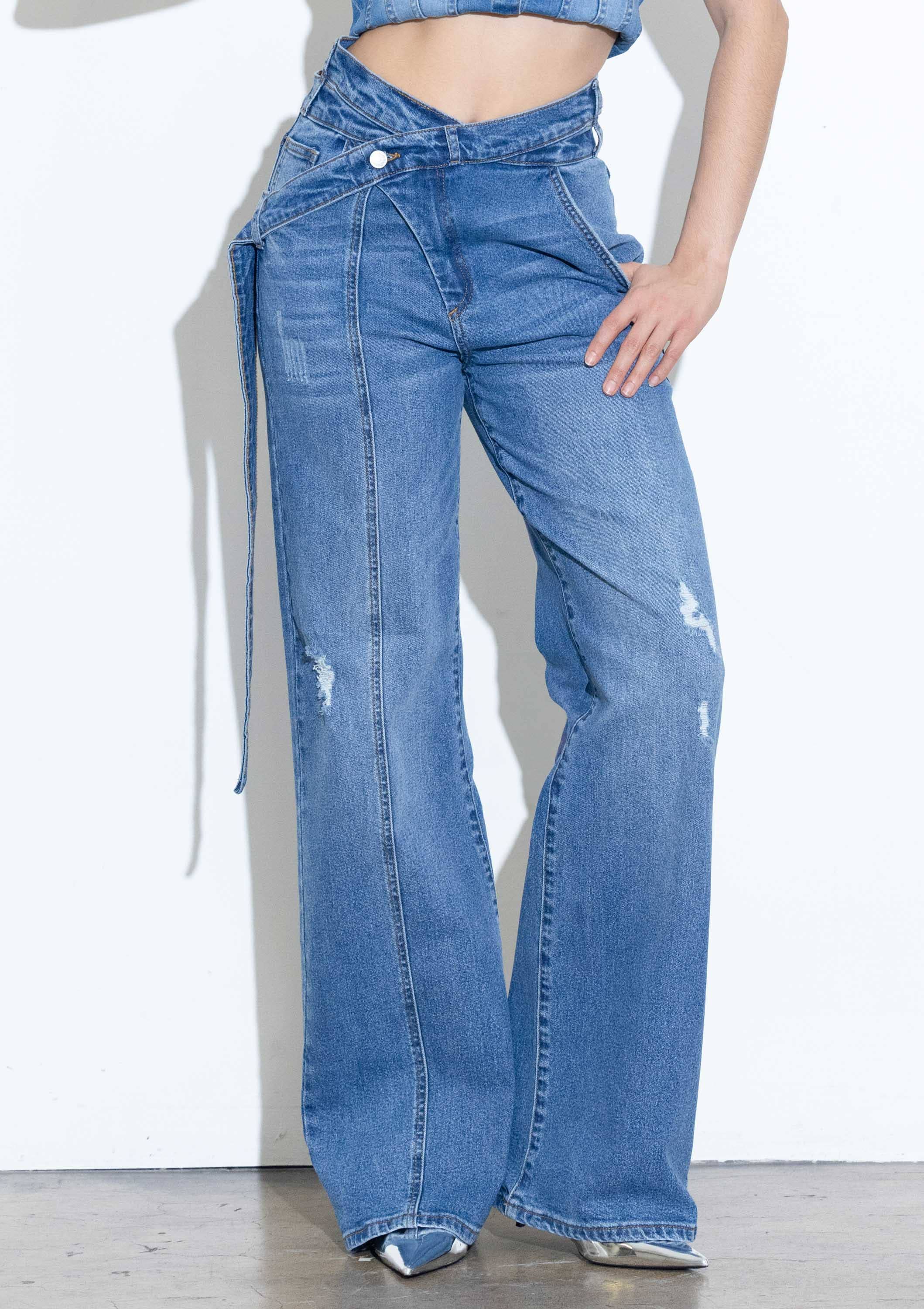 Medium Stone Crossed Waist Belt Line Wide Leg Jeans for wholesale on Faire3