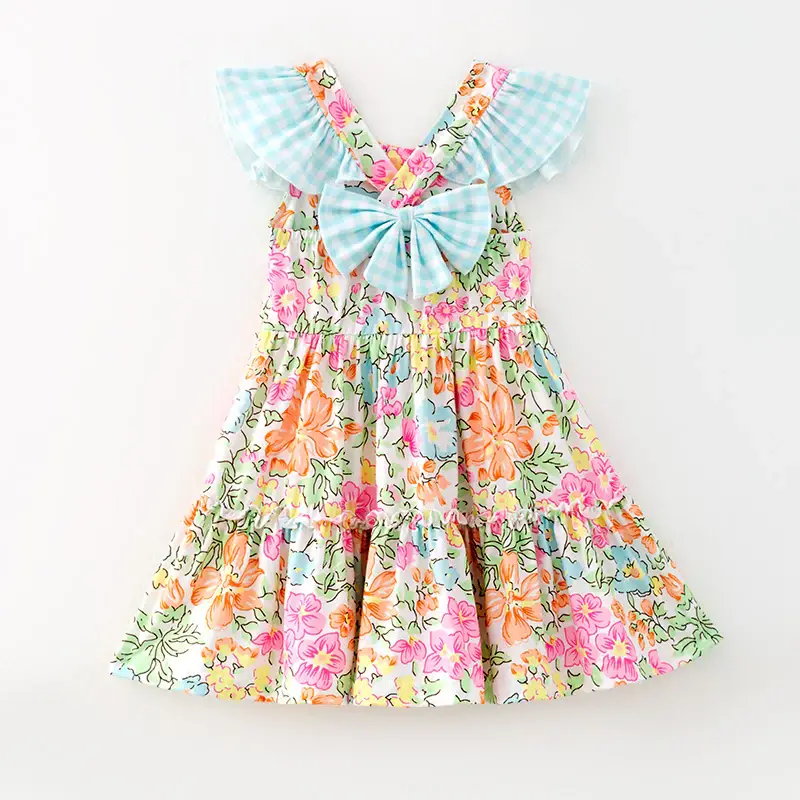 Auraquise - Vente Robe – enfant - Robe à volants à imprimé floral avec nœud et carreaux bleus pour filles d'été3