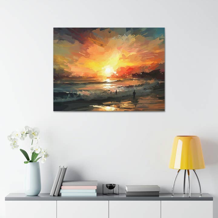 Fiery Sunset Ocean Surf Ai Wall Art for Homes for wholesale by Quixotic Caverns Trading Company