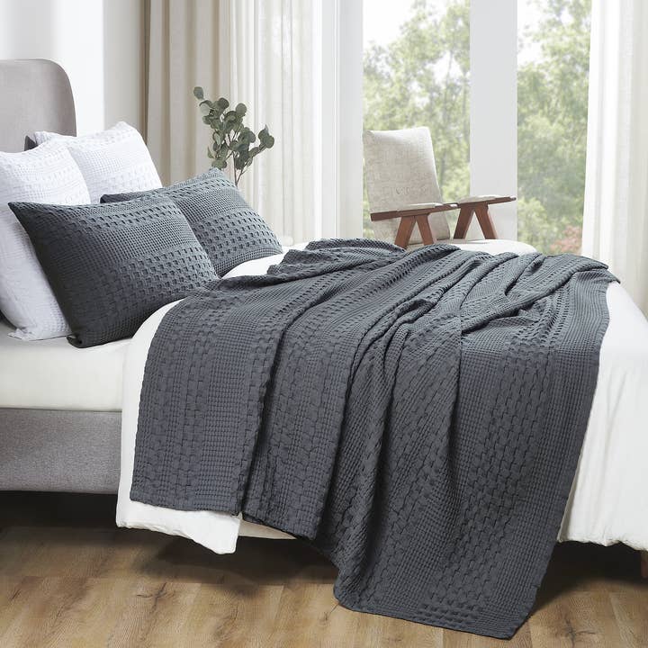 VHC Brands - Wholesale Bedding Blanket - VHC Brands Dark Grey Waffle Weave Queen Blanket 90x90 - 100% Cotton, Lightweight Cover for Bed & Sofa