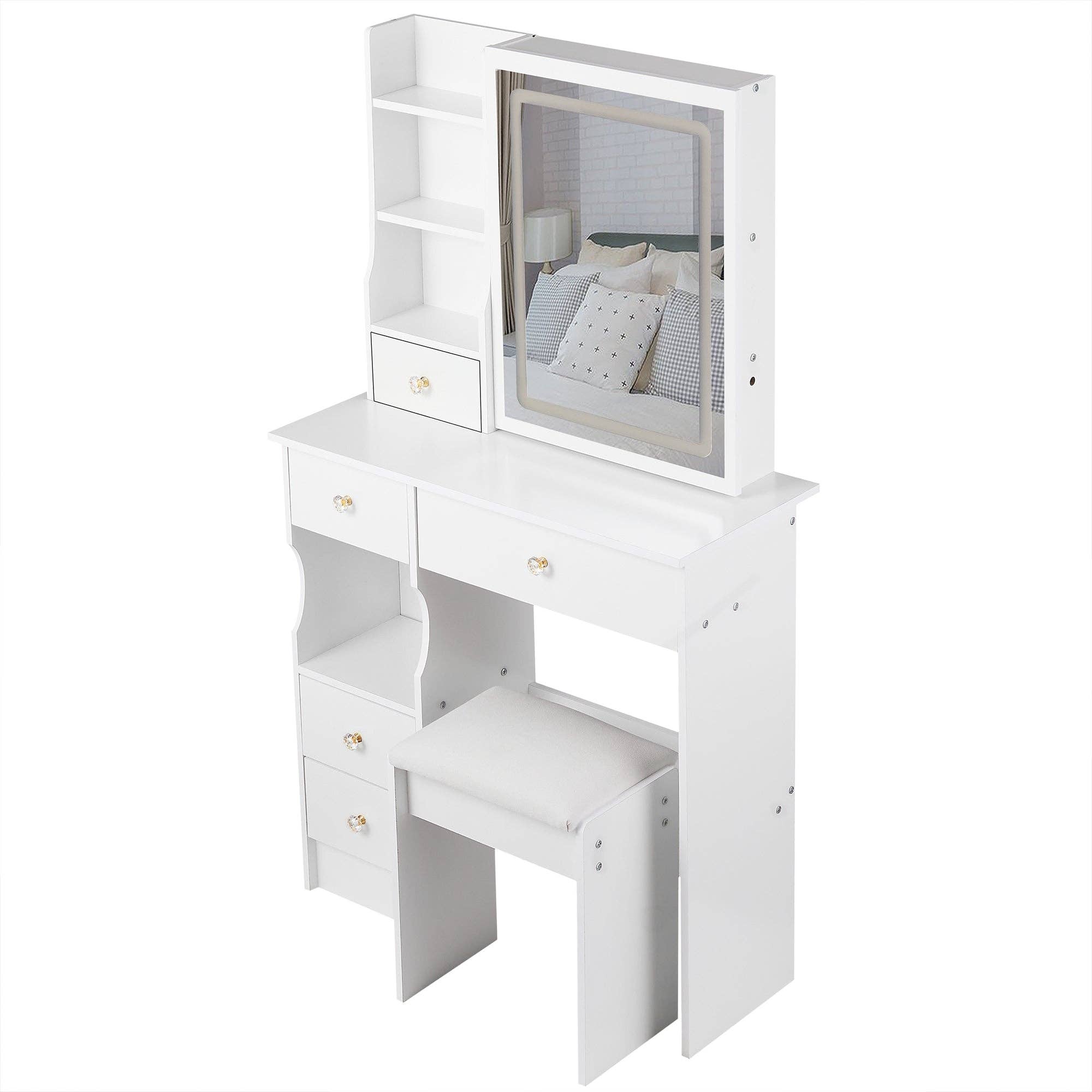 White Small Vanity Dressing Table with Padded Stool & Mirror Light for wholesale on Faire13