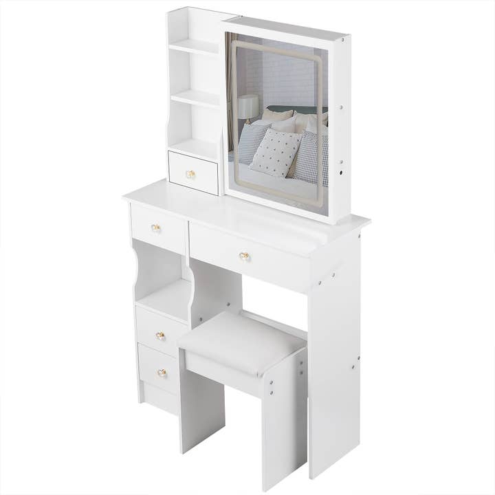 White Small Vanity Dressing Table with Padded Stool & Mirror Light for wholesale on Faire13