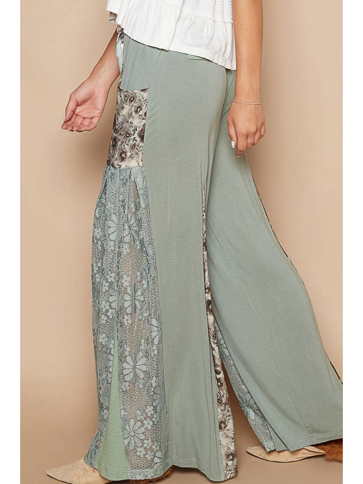 Pol Clothing - Wholesale Pants - Women's - Lace printed fabric contrast adjustable strap wide pants
