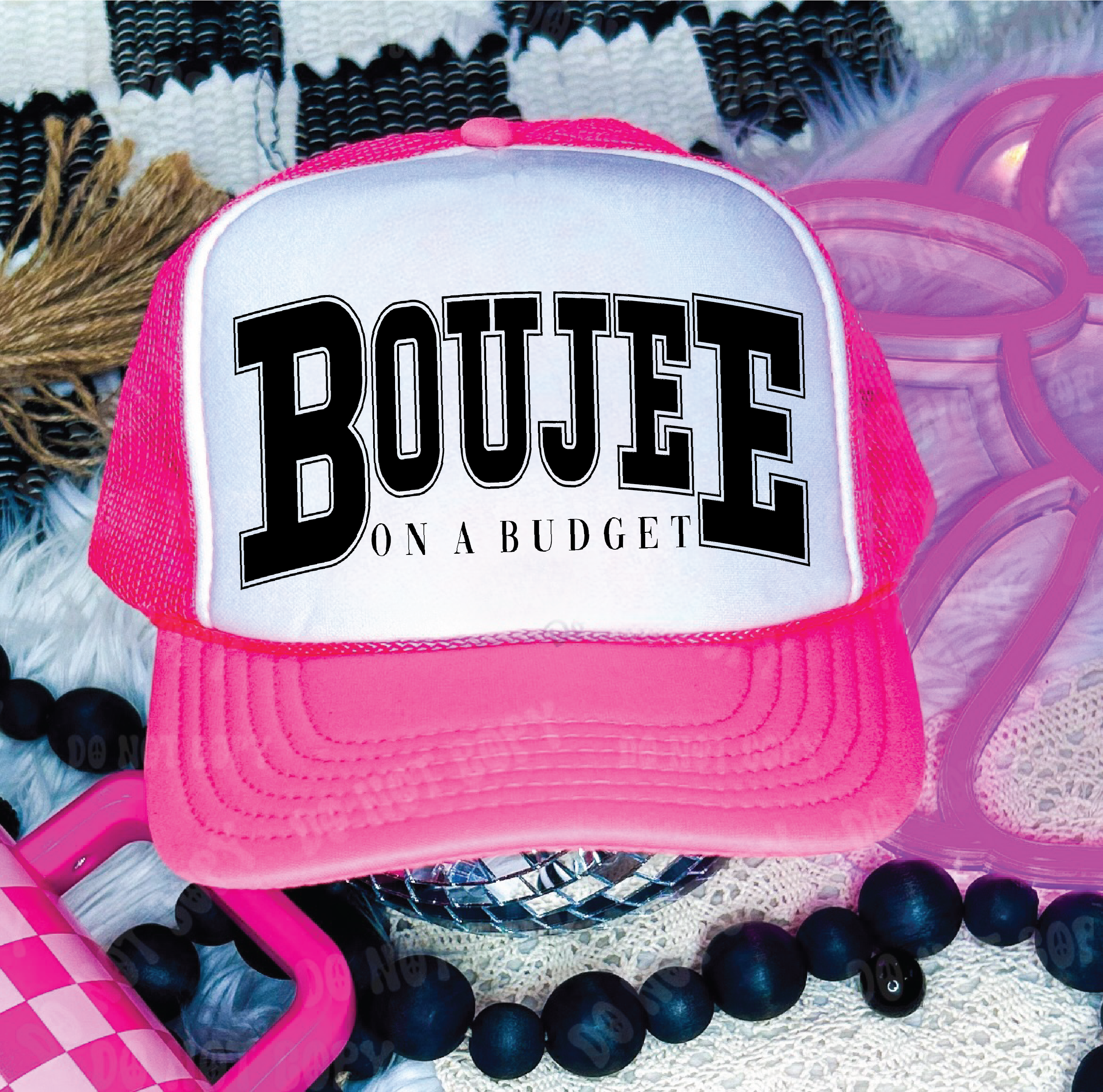Southern Attitude Designs Inc – wholesale Trucker hat – Women’s – Boujee On A Budget DTF Printed Neon Pink and White Trucker Hat0