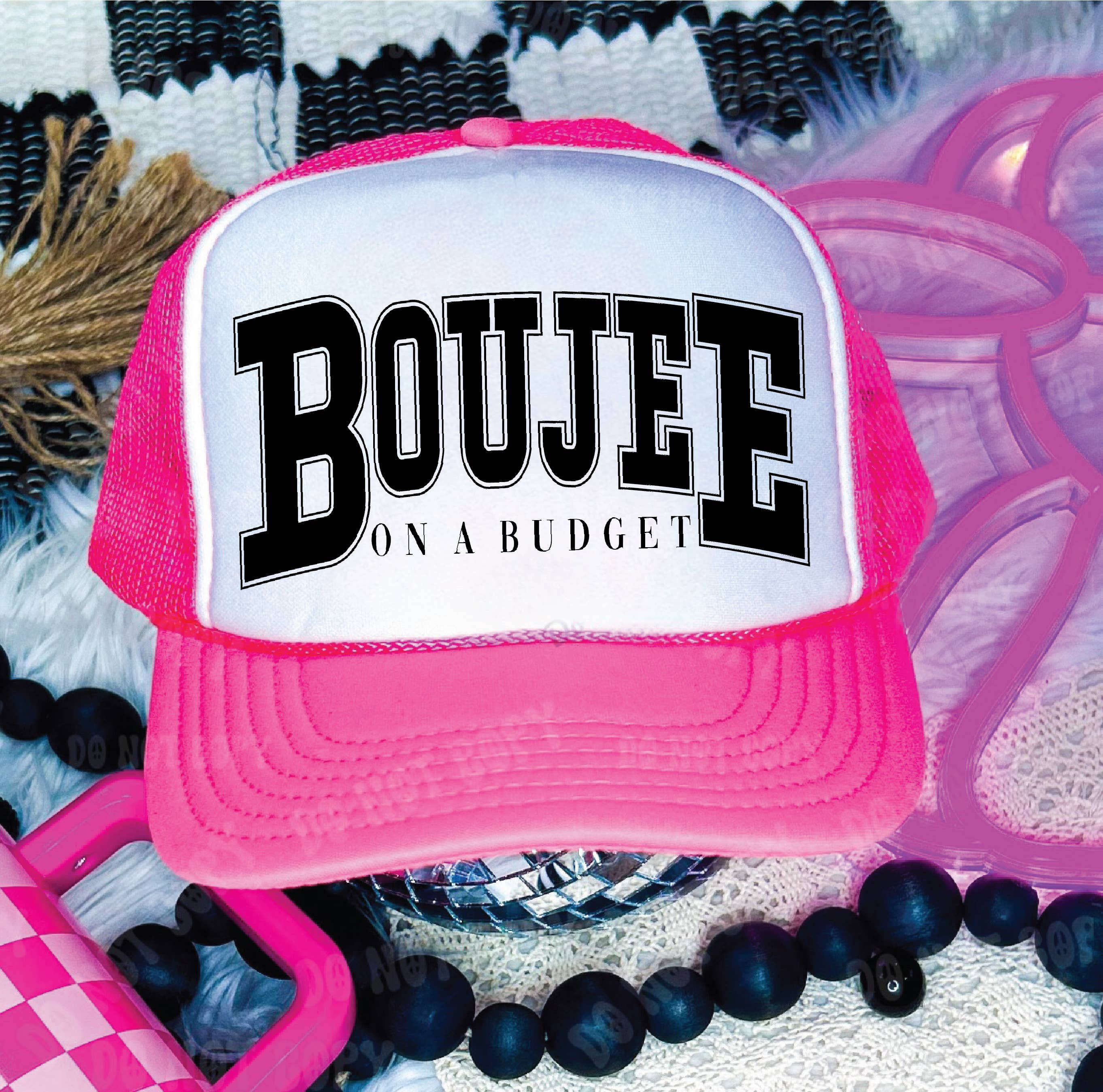 Southern Attitude Designs Inc – wholesale Trucker hat – Women’s – Boujee On A Budget DTF Printed Neon Pink and White Trucker Hat