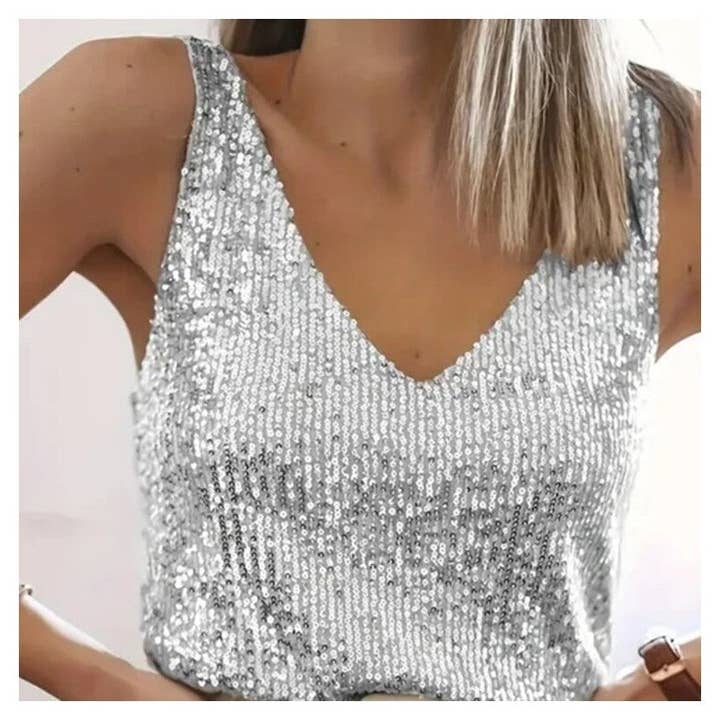 Sheer Trend - Wholesale Blouse - Women's - Sparkling V-Neck Loose Tank Top