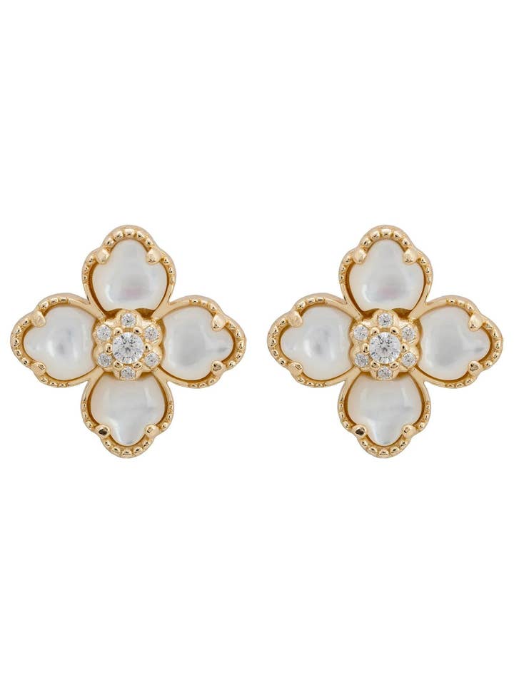 Flower Clover Mother Of Pearl Stud Earrings Gold for wholesale by Latelita