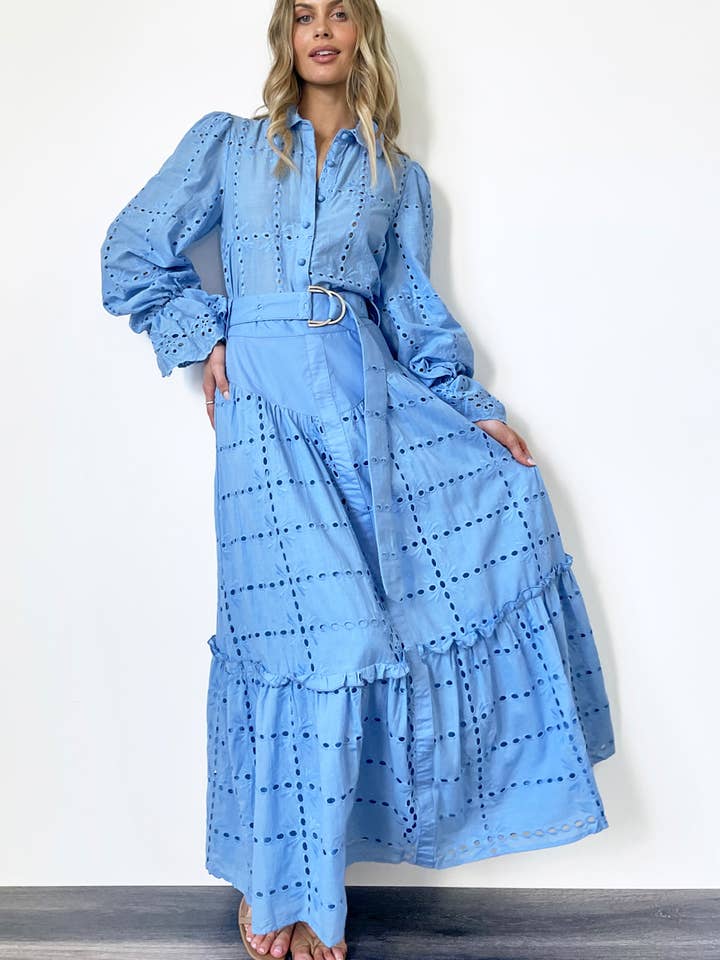 Floral Broiderie Midi Nederdel - Blå for engroshandel hos lakeyo