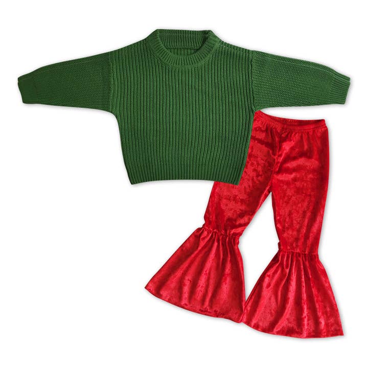 Yawoo Garments - Wholesale Top & Pant Set - Kids - Green sweater red velvet pants girls Christmas clothes