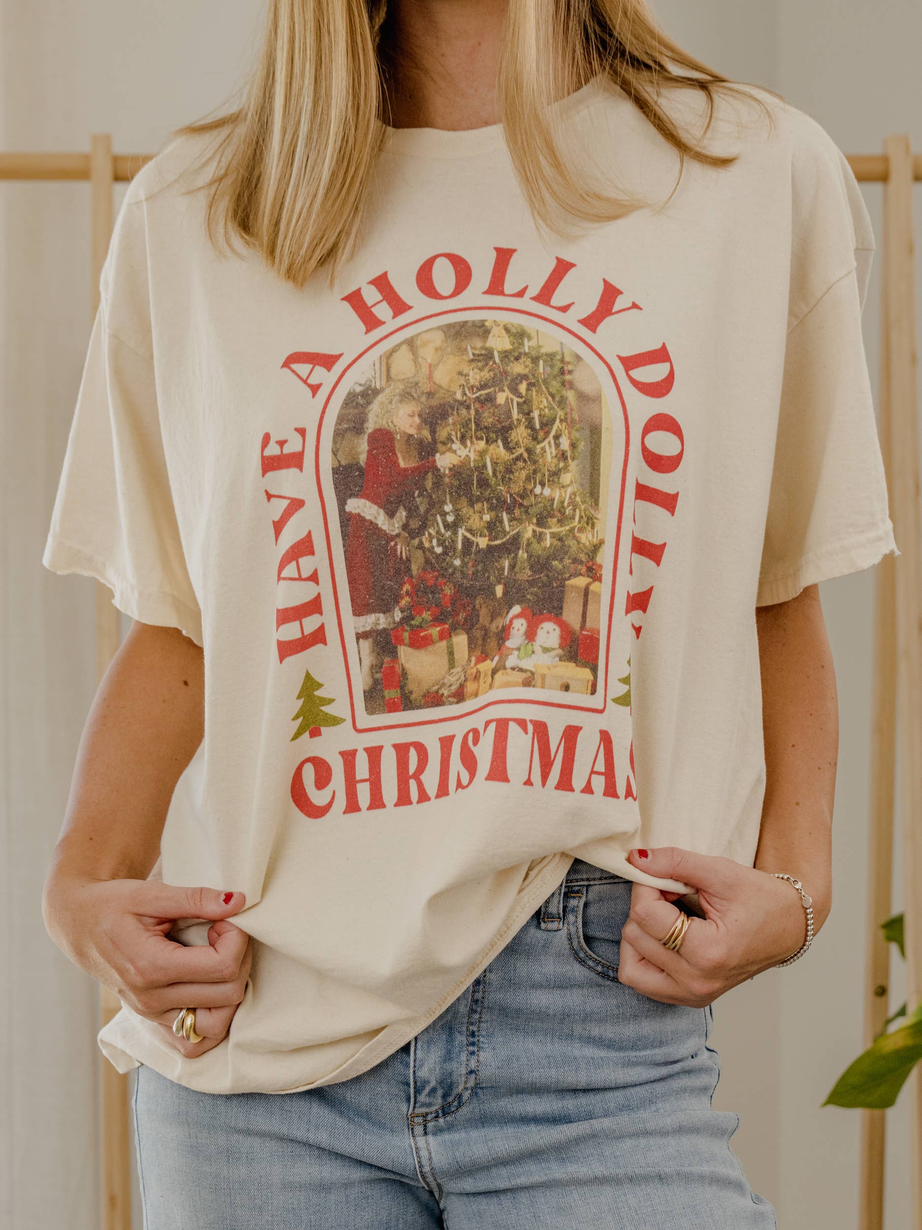 LivyLu - Wholesale Screen Printed T-Shirt - Unisex - Have a Holly Dolly Christmas Off White Thrifted Tee 0
