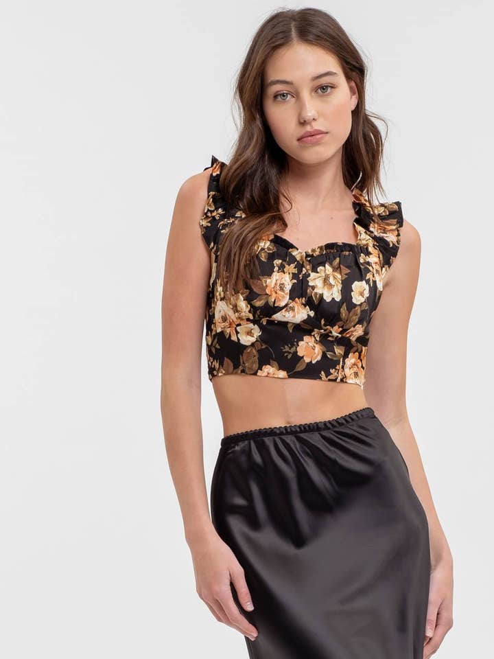 Blu Pepper – Engroshandel Bluse - Dame – CROPTOP MED BLOMSTERMØNSTER OG FLÆSESTROPPER0