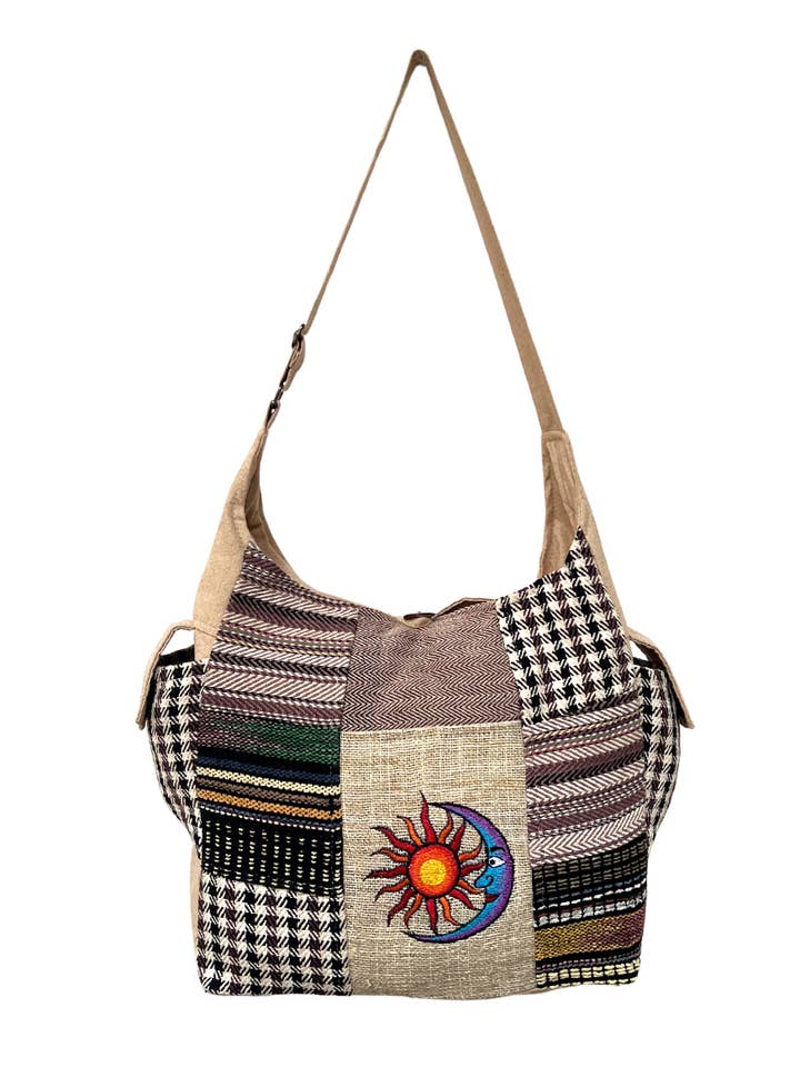 Sol & Måne Broderet Patchwork Boho Hippie Bomuldshåndtaske for engroshandel hos The Collection Royal / Royal Handicrafts