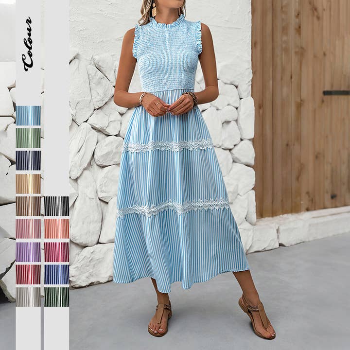 Charming Striped Lace-Trim Midi Dress for wholesale by onatorobi