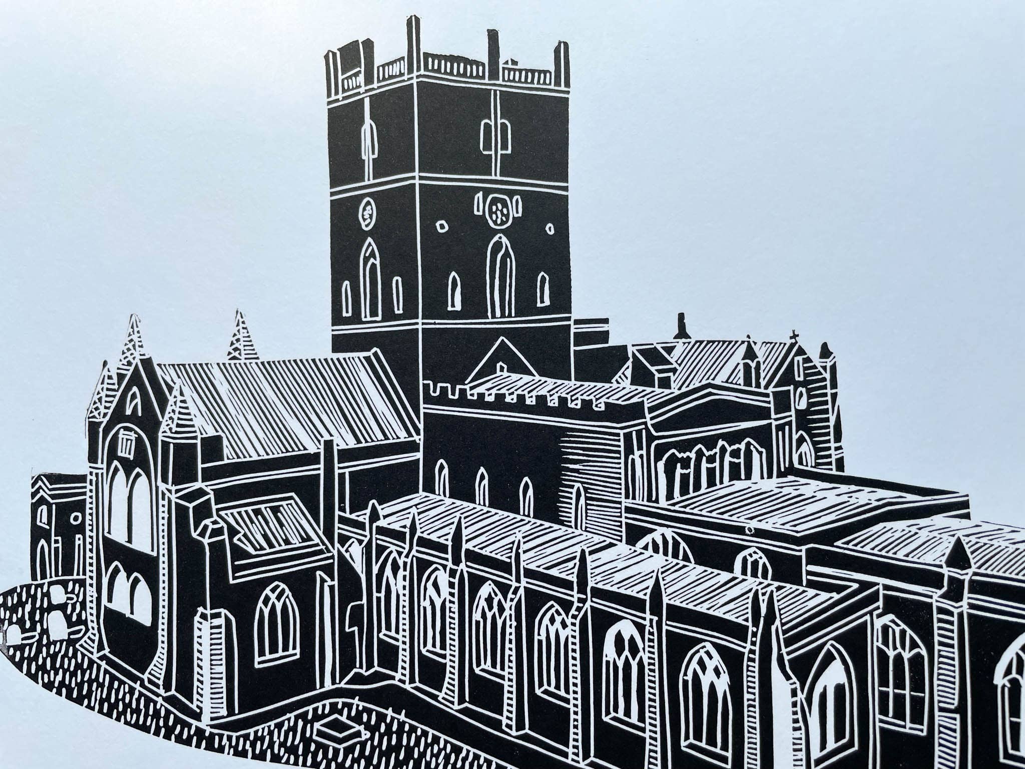 Georgina Doodles - Wholesale Art Print - St Davids Cathedral A4 Lino Print | Welsh Church Art Linocut2