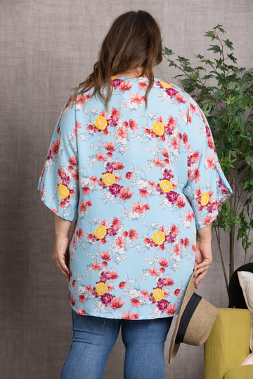 Blue FLORAL PRINT OPEN FRONT PLUS SIZE CARDIGAN-SJ100239 for wholesale on Faire3