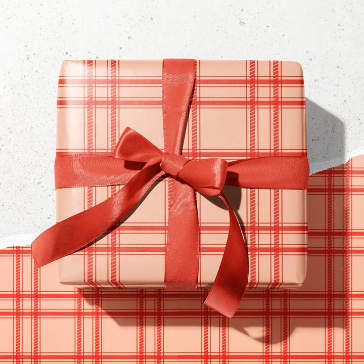 KelseyMDesigns - Wholesale Wrapping Paper Roll - Pink and Red Holiday Plaid Wrapping Paper - 3 Sheet Roll