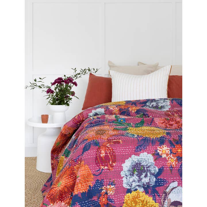 Indian Kantha Quilt Blanket Bedspread - Anthro Magenta for wholesale by Linen Connections