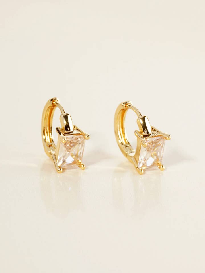 14K Gold Dipped 4-Prong Rectangle Cubic Zirconia Stone 11mm Huggie Earrings for wholesale by Wild Honey