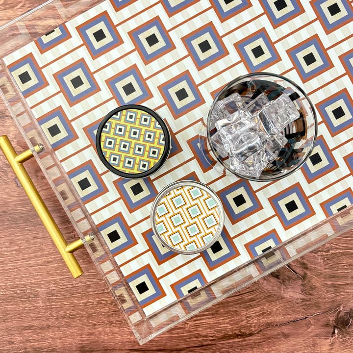 Mod Lounge Paper Company - Wholesale Decorative Tray - Squares Unaligned Rectangle Acrylic Tray with Gold Handle