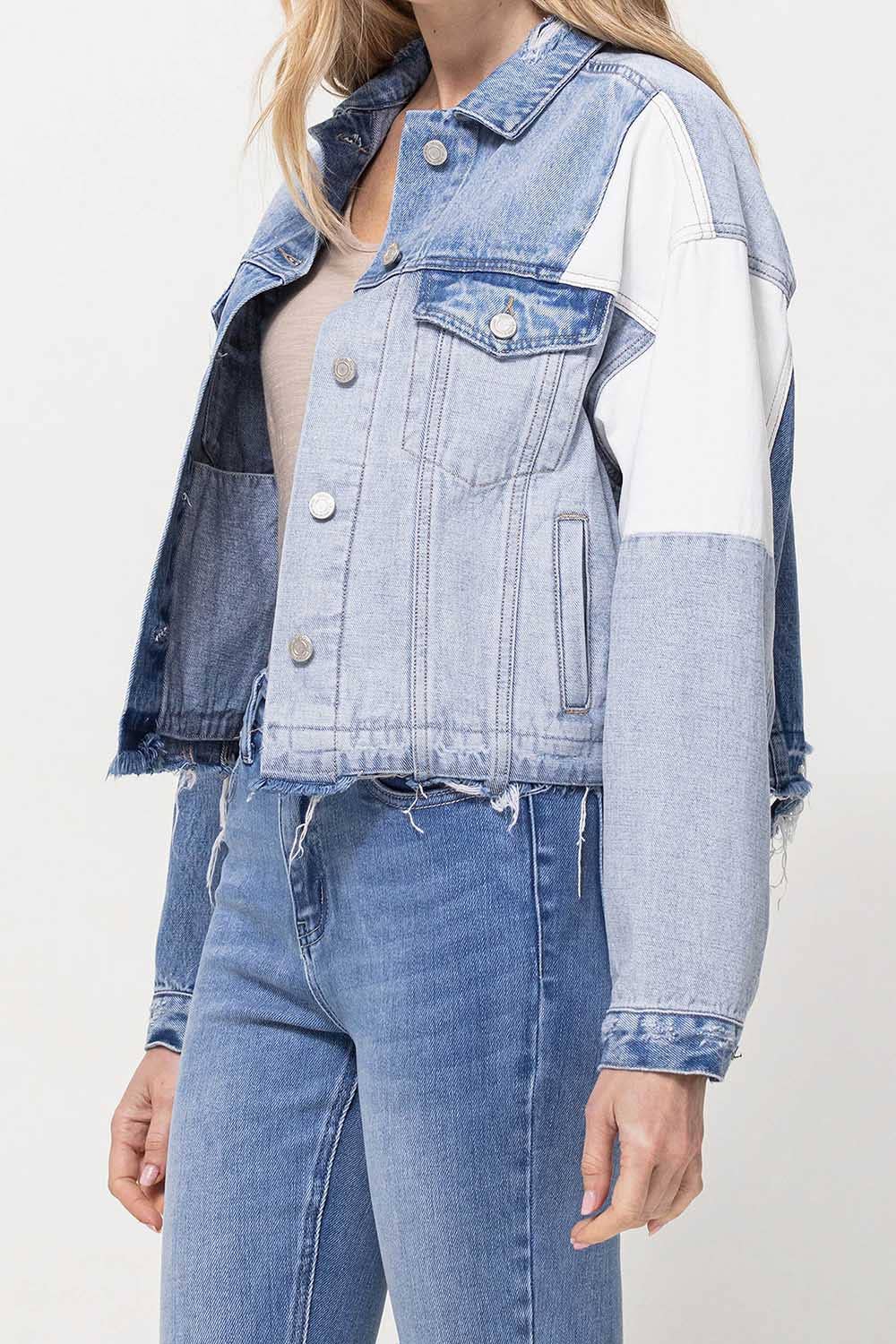 DENIM FARVEBLOK PATCHWORK OVERSIZE CROP DENIM JAKKE V2727J for engroshandel på Faire6