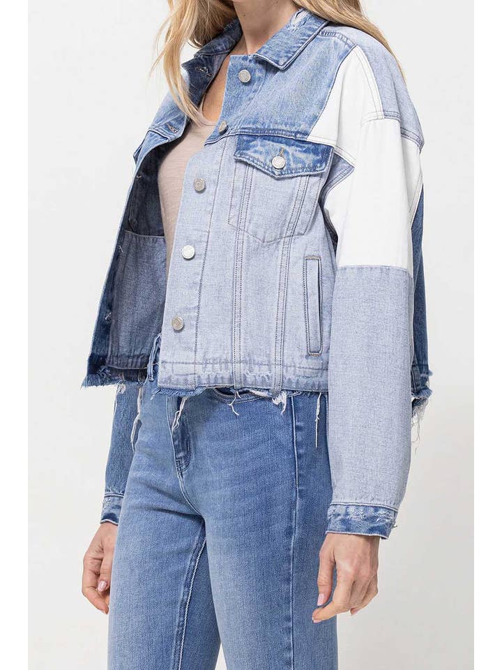 COLOR BLOCK PATCHWORK OVERSIZED CROP DENIM JACKET V2727J for wholesale on Faire6