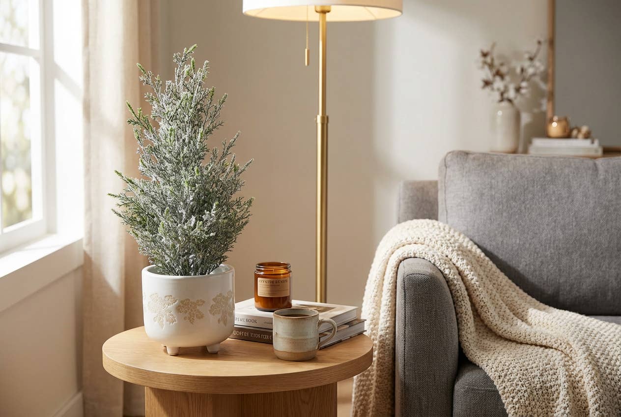 Flora Bunda Inc - Vente Sapin de Noël artificiel - Arbre en faux cèdre de 15,5” dans un pot en céramique blanche sur pieds, décoration.2